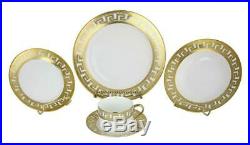 (D) Royalty Porcelain Greek Key White with Gold border Dinnerware Set 40-pc