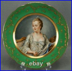 Dresden Hand Painted Madame Pompadour Green & Raised Beaded Gold Portrait Plate