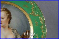 Dresden Hand Painted Madame Pompadour Green & Raised Beaded Gold Portrait Plate