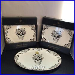 Eaton Fine Dining Halloween Skull Rose Gold Web 8 Dinner Plates + Platter Black