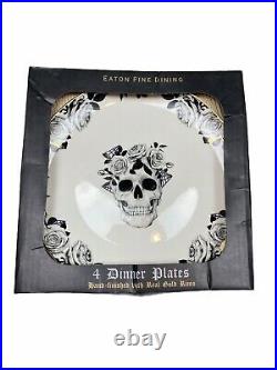 Eaton Fine Dining Set Of 4 Halloween Skull And Roses Dinner Plates Gold Rim
