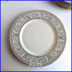 Eight Franciscan China Dinner Plates Renaissance Pattern Gray with Gold Gladding