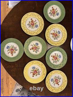 F & B Co Made In Bohemia Set Of 8 Dinner Plates Yellow &Green Gold Border Floral