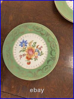 F & B Co Made In Bohemia Set Of 8 Dinner Plates Yellow &Green Gold Border Floral