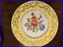 F & B Co Made In Bohemia Set Of 8 Dinner Plates Yellow &Green Gold Border Floral