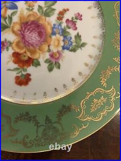 F & B Co Made In Bohemia Set Of 8 Dinner Plates Yellow &Green Gold Border Floral