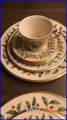 FOUR 5 Pc PLACE SETTINGS LENOX HOLIDAY CHRISTMAS HOLLY FINE CHINA 24KT GOLD USA