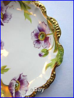 French Majolica porcelain plate signed LIMOGES FRANCE the purple poppies
