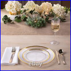 Fun Express Bulk 200 Pieces Premium Clear Plastic Dinner Plates with Gold Trim Fun Express Bulk 200 Pieces Premium Clear Plastic Dinner Plates with Gold Trim