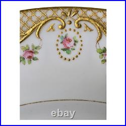 GUERIN Limoges Gold Enameled Roses Hand Painted 12 Porcelain Dinner Plates