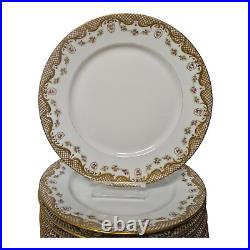 GUERIN Limoges Gold Enameled Roses Hand Painted 12 Porcelain Dinner Plates