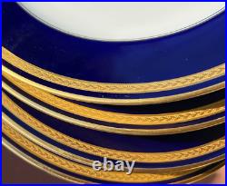 Germany 4 X 10 5/8 HUTSCHENREUTHER MONARCH DINNER PLATES cobalt blue GOLD TRIM