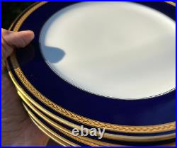 Germany 4 X 10 5/8 HUTSCHENREUTHER MONARCH DINNER PLATES cobalt blue GOLD TRIM