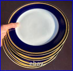 Germany 4 X 10 5/8 HUTSCHENREUTHER MONARCH DINNER PLATES cobalt blue GOLD TRIM