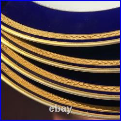 Germany 4 X 10 5/8 HUTSCHENREUTHER MONARCH DINNER PLATES cobalt blue GOLD TRIM