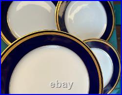 Germany 4 X 10 5/8 HUTSCHENREUTHER MONARCH DINNER PLATES cobalt blue GOLD TRIM