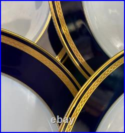 Germany 4 X 10 5/8 HUTSCHENREUTHER MONARCH DINNER PLATES cobalt blue GOLD TRIM