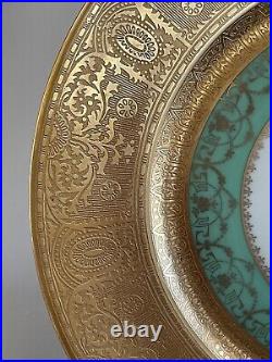 Glamorous 24 KT Gold and Green Dinner Plates Made in Czechoslovakia Set of 12