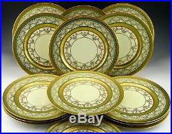 H&C Bavaria Heinrich & Co. GREEN and GOLD ENCRUSTED 11 DINNER PLATES Set of 14