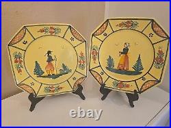 HB QUIMPER Vintage Dinner Plates X 2 Soleil Yellow 10in Octagon Man & Woman