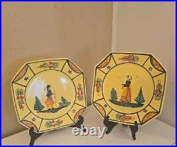 HB QUIMPER Vintage Dinner Plates X 2 Soleil Yellow 10in Octagon Man & Woman