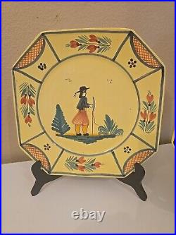 HB QUIMPER Vintage Dinner Plates X 2 Soleil Yellow 10in Octagon Man & Woman