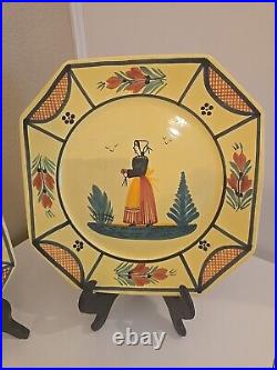 HB QUIMPER Vintage Dinner Plates X 2 Soleil Yellow 10in Octagon Man & Woman