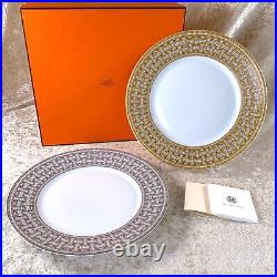 Hermes Paris Dinner Plate Mosaique Au 24 Gold &Platinum Porcelain Set of 2 withBox