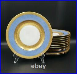 Hutschenreuther 12 Powder Blue Rim Gold Encrusted Presentation Dinner Plates VGC