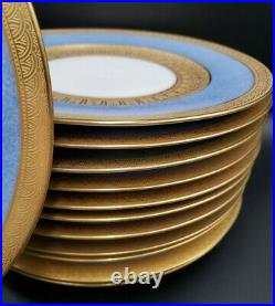 Hutschenreuther 12 Powder Blue Rim Gold Encrusted Presentation Dinner Plates VGC