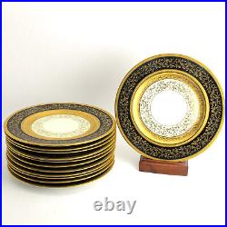 Hutschenreuther Royal Bavarian Set of 12 Dinner Plates Black Gold Encrusted Selb