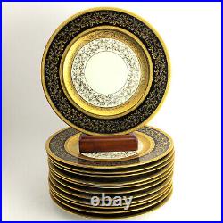 Hutschenreuther Royal Bavarian Set of 12 Dinner Plates Black Gold Encrusted Selb