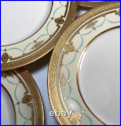 LENOX 10pc 10 3/8 Dinner Plates w Raised Gold Enamel, Encrusted, Cream & Teal