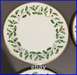 LENOX HOLIDAY DIMENSION Holly Gold Rimmed Dinner Plates 10.75 Set Of 4