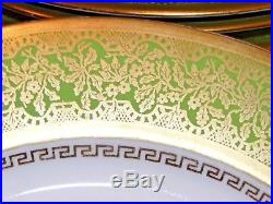 LIMOGES T & V GOLD ENCRUSTED Filigree EMERALD GREEN BAND 10.5 Dinner Plates 11