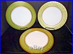 LIMOGES T & V GOLD ENCRUSTED Filigree EMERALD GREEN BAND 10.5 Dinner Plates 11