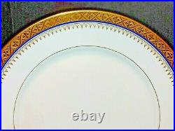 LIMOGES White Dinner Plates GOLD ENCRUSTED Rim Cobalt Filigree Trim French MLM