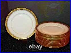 LIMOGES White Dinner Plates GOLD ENCRUSTED Rim Cobalt Filigree Trim French MLM