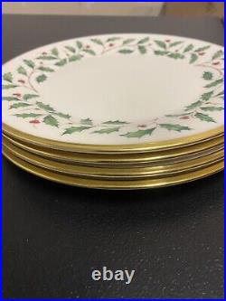 Lenox Dimension Holiday Gold Trim Dinner plates 10 3/8 Holly & Berry (4)