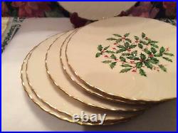 Lenox Special Rare Holly & Berry Dinner Plates Gold Rim Christmas Set Of 6 New