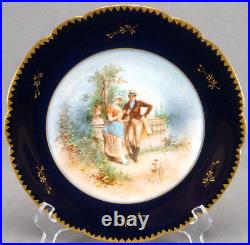 Limoges Cobalt & Gold Victorian Watteau Scene 9 3/8 Inch Plate Circa 1890s