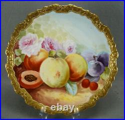 Limoges Hand Painted Signed Laurey Pink Roses Fruit Heavy Gold 10 3/8 Inch Plate
