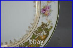 Limoges Hand Painted Signed Pink Roses Green & Gold Scrollwork 9 5/8 Inch Plate
