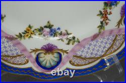 Limoges Lerosey Hand Painted Floral Shells Pink Ribbon Blue Gold 9 3/4 Plate D