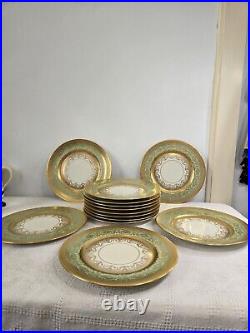 Lot Of 13 Heinrichs Selb 22k Gold Green Encrusted 11 Dinner Plates Bavarian