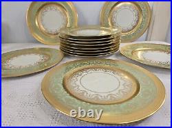 Lot Of 13 Heinrichs Selb 22k Gold Green Encrusted 11 Dinner Plates Bavarian