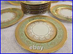 Lot Of 13 Heinrichs Selb 22k Gold Green Encrusted 11 Dinner Plates Bavarian