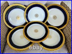 Lot Of 8 Limoges Jean Pouyat 10.5 Dinner Plates Cobalt Blue Gold Encrusted Edge