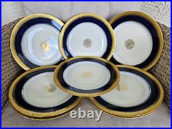 Lot Of 8 Limoges Jean Pouyat 10.5 Dinner Plates Cobalt Blue Gold Encrusted Edge