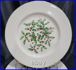 Lot of 9 Lenox Christmas Dinner Plates, Large Holly Gold Trim Special 10.5 MINT